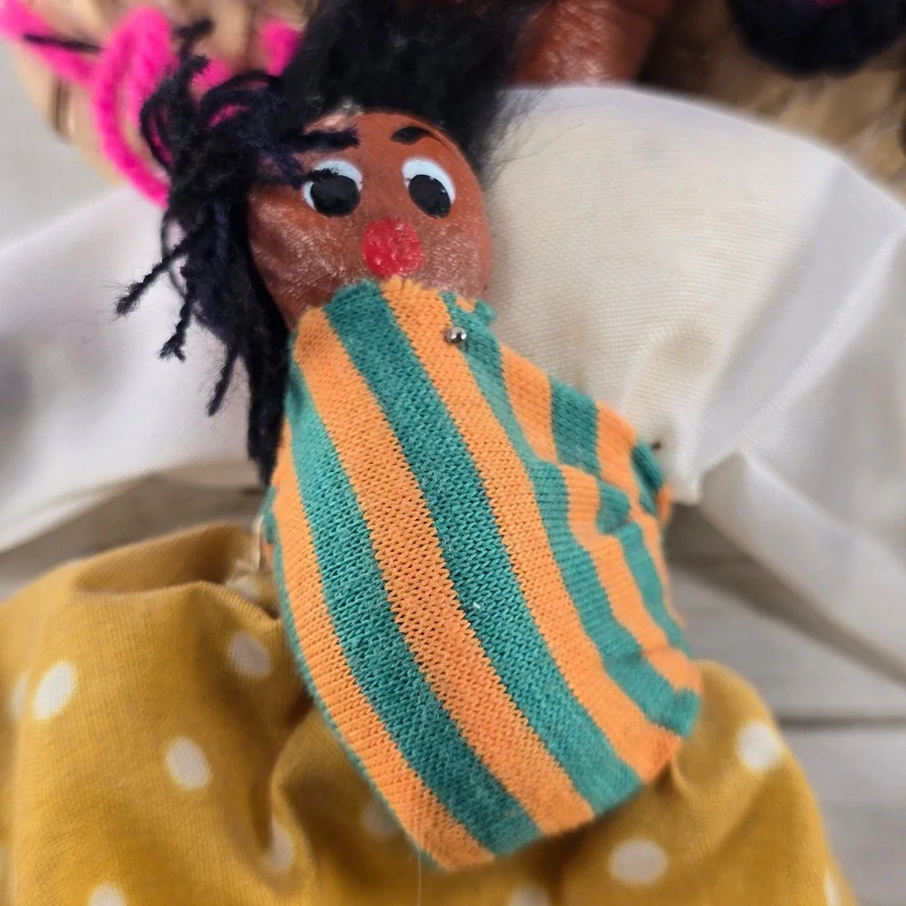 Vintage Mexican Folk Art Marionette Puppet Mother and Baby Straw Hat Polka Dot